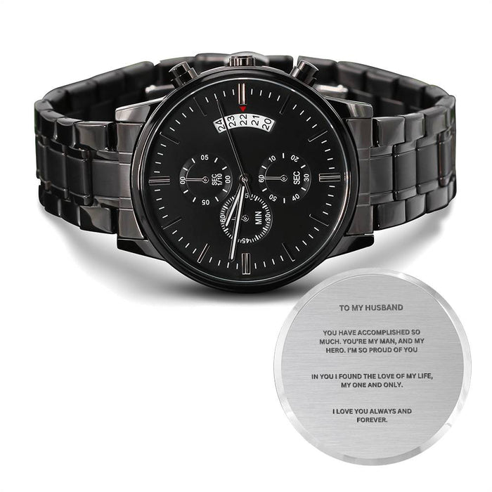 To My Husband Engraved Black Chronograph Watch