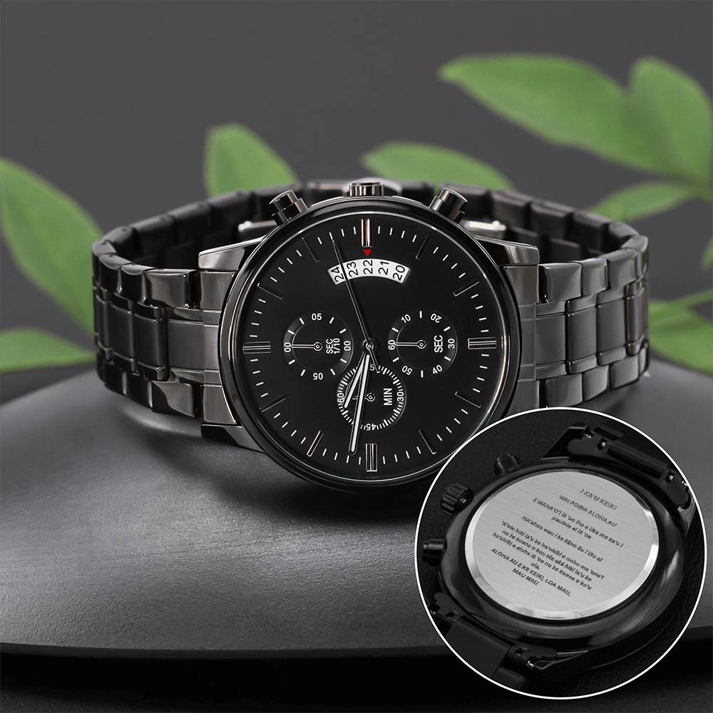 My Son Hawaiian Engraved Black Chronograph Watch