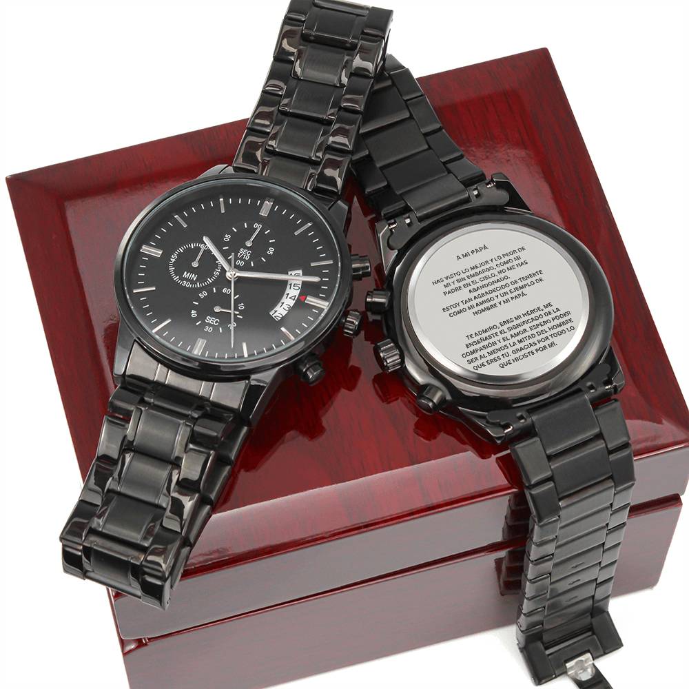Spanish MY DAD Engraved Black Chronograph Watch