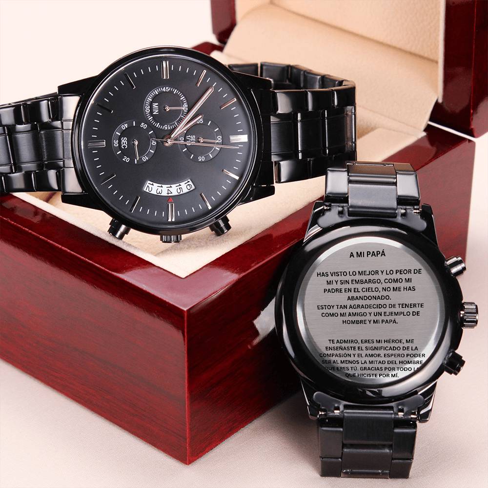 Spanish MY DAD Engraved Black Chronograph Watch