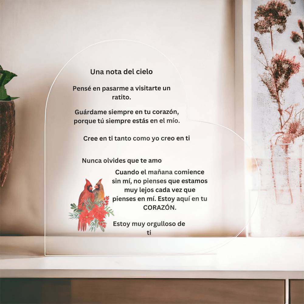 Spanish A note from Heaven Printed Acrylic Heart Plaque