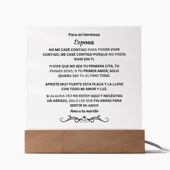 To My Beautiful Wife Printed Acrylic Square Plaque Spanish