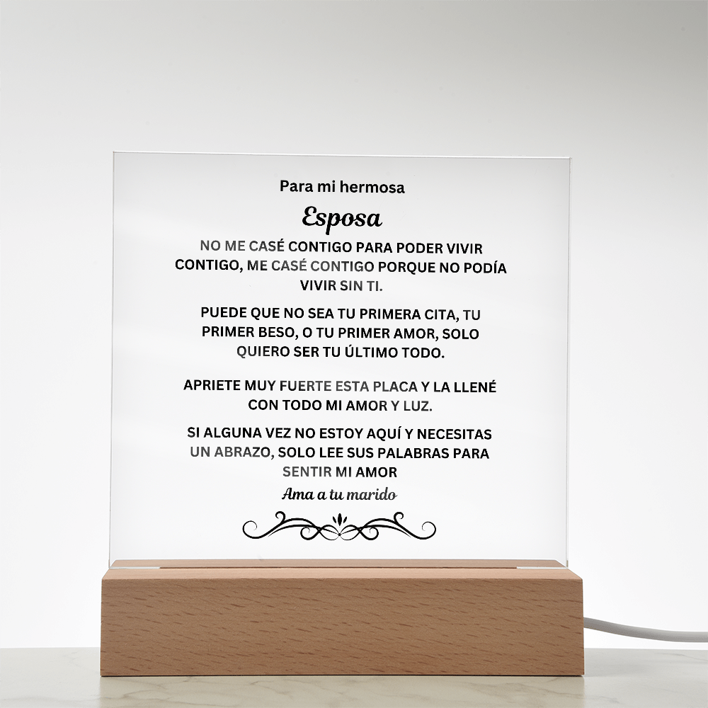 To My Beautiful Wife Printed Acrylic Square Plaque Spanish