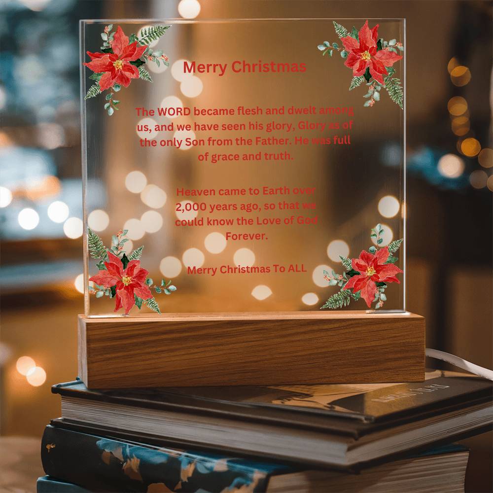 Merry Christmas Acrylic Square Plaque With Poinsettias