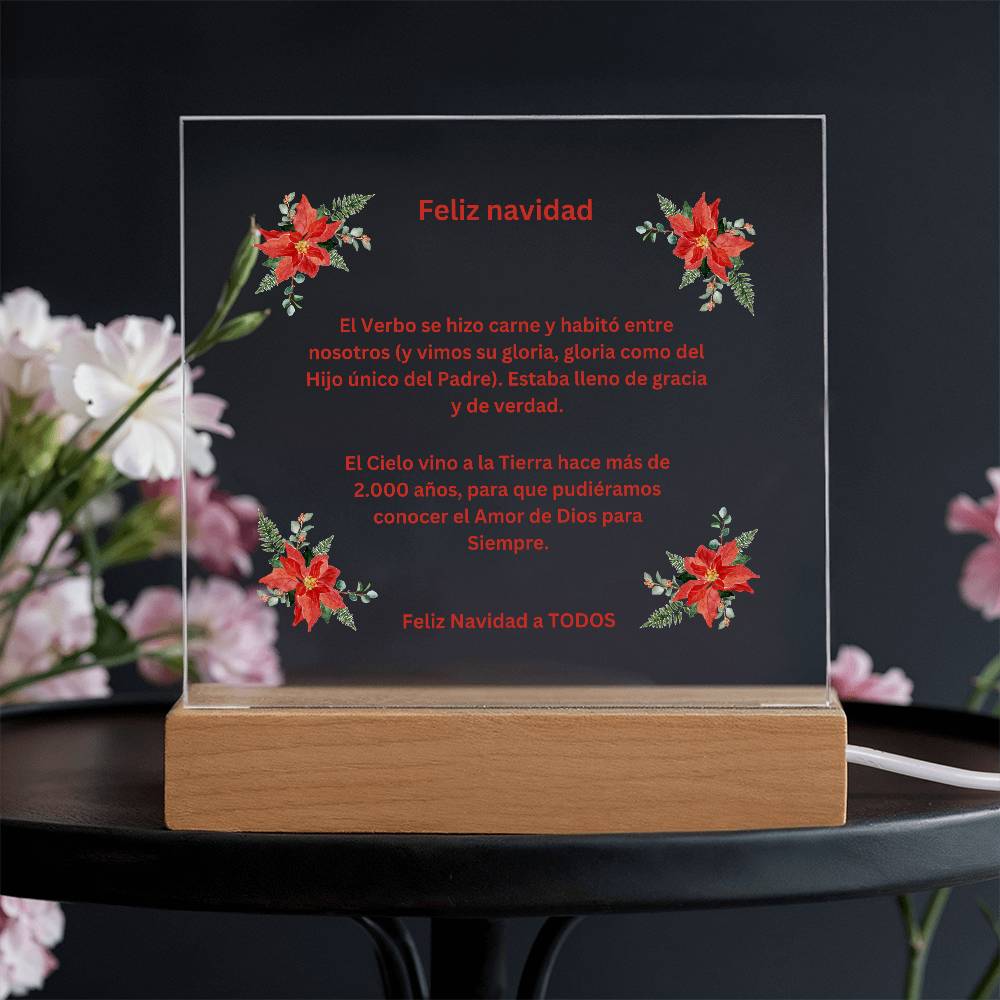 Merry Christmas Spanish Square Acrylic Plaque with Poinsettias