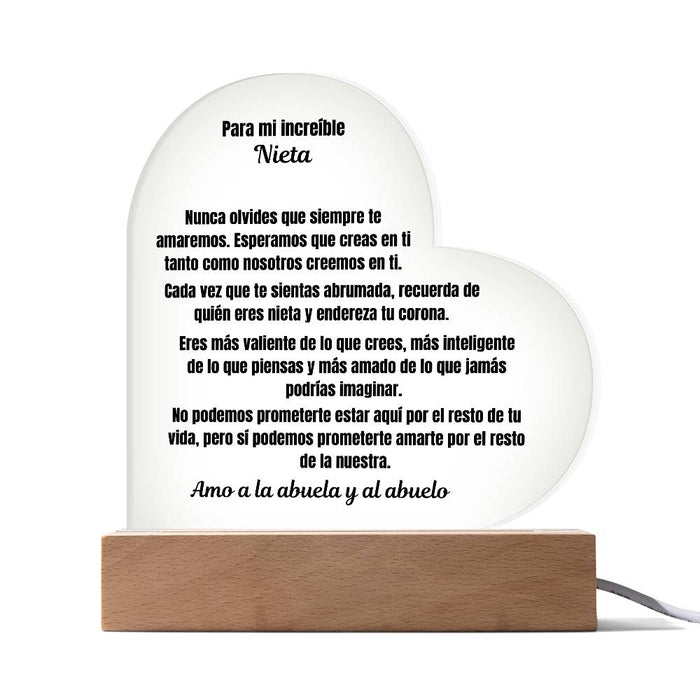 To My Amazing Granddaughter Acrylic Heart Plaque Spanish