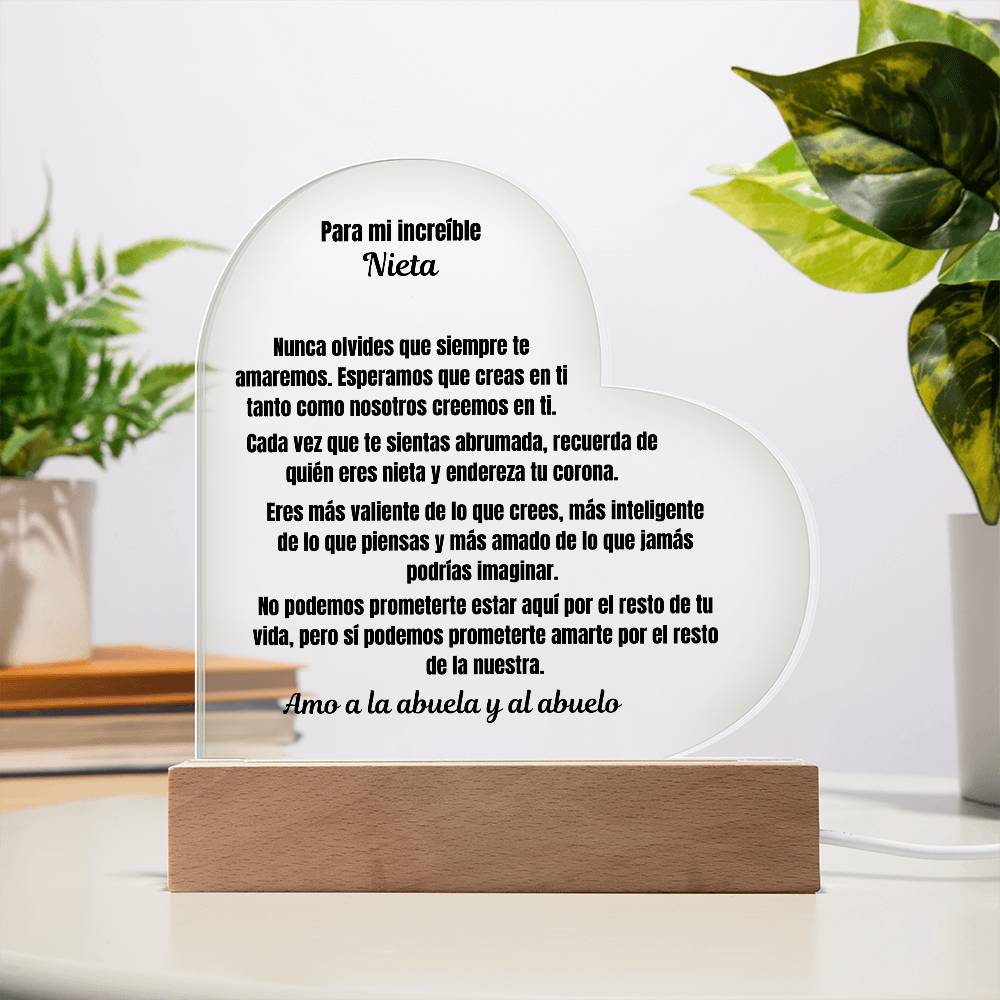 To My Amazing Granddaughter Acrylic Heart Plaque Spanish