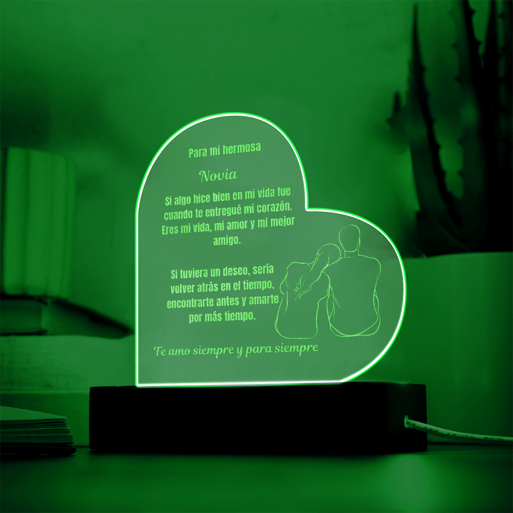 To My Beautiful  Girlfriend  Engraved Acrylic Heart Plaque Spanish