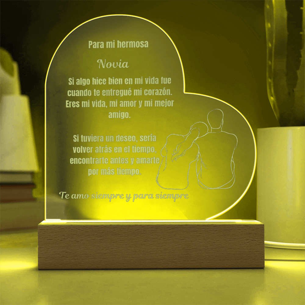 To My Beautiful  Girlfriend  Engraved Acrylic Heart Plaque Spanish