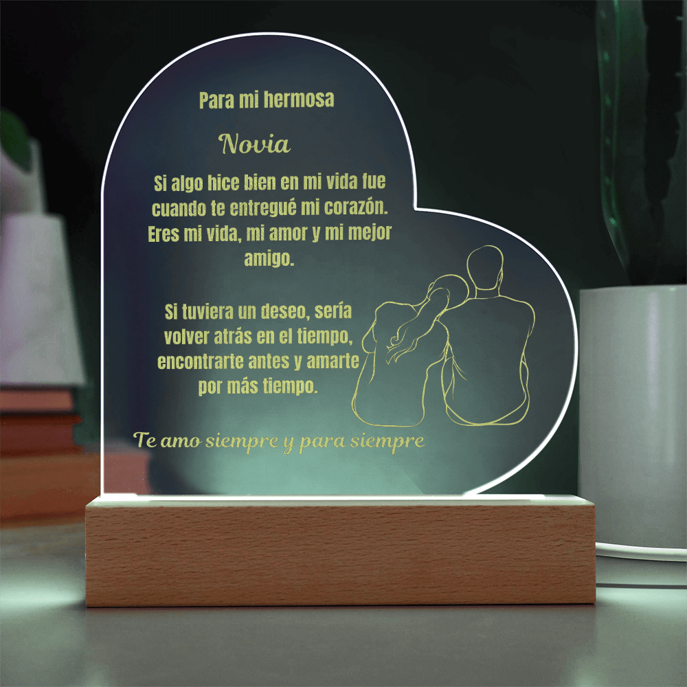 To My Beautiful  Girlfriend  Engraved Acrylic Heart Plaque Spanish