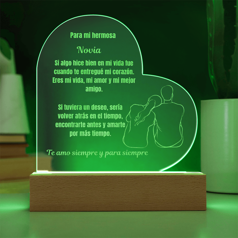 To My Beautiful  Girlfriend  Engraved Acrylic Heart Plaque Spanish