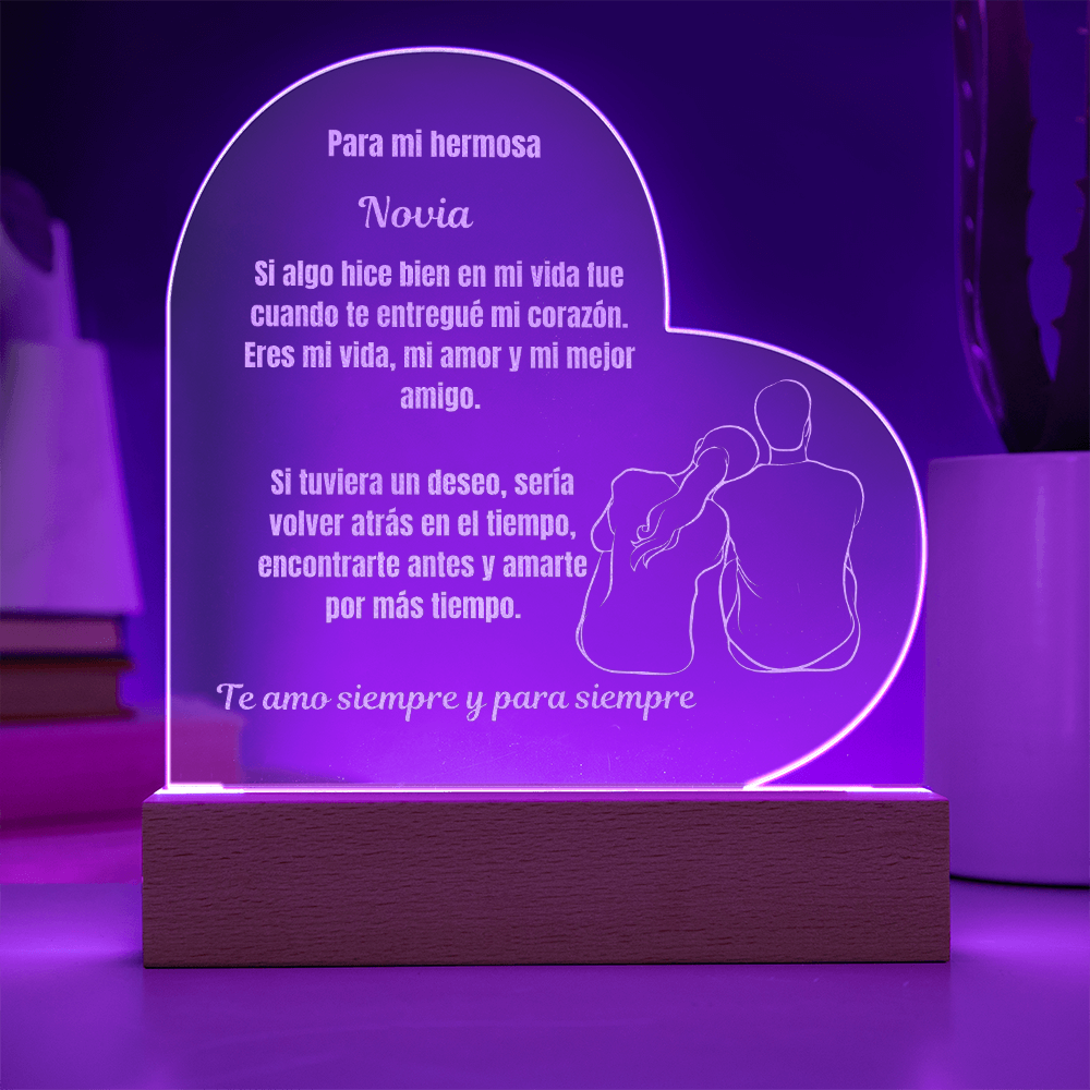To My Beautiful  Girlfriend  Engraved Acrylic Heart Plaque Spanish