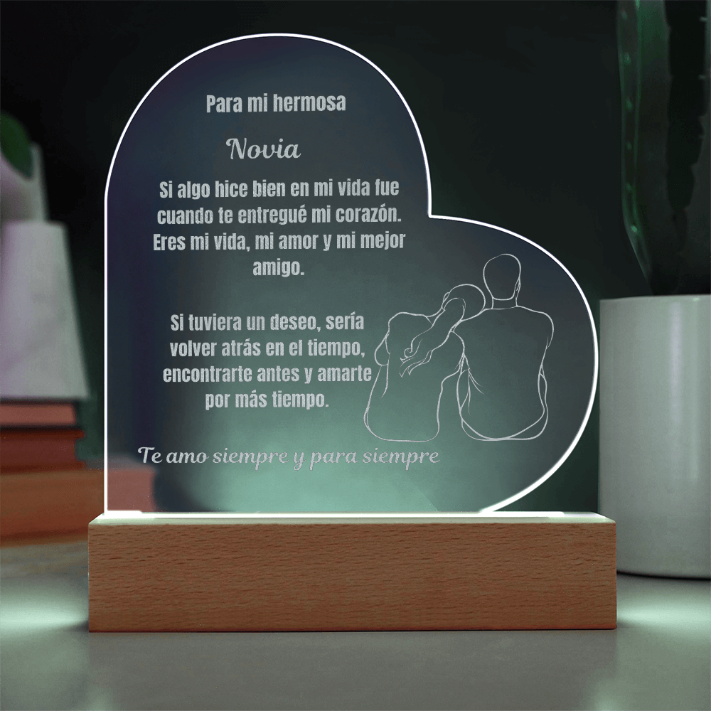 To My Beautiful  Girlfriend  Engraved Acrylic Heart Plaque Spanish