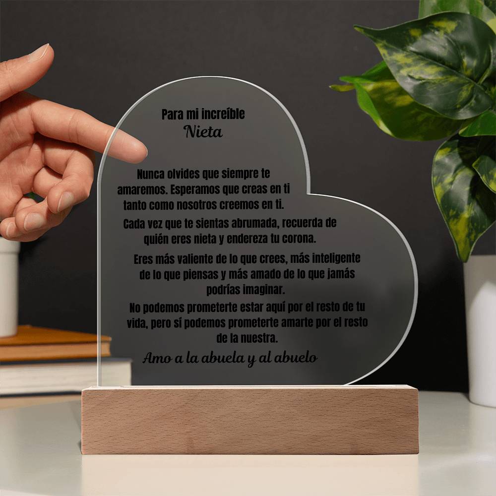 To My Amazing Granddaughter Acrylic Heart Plaque Spanish