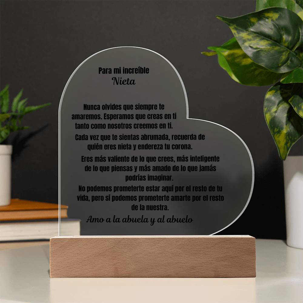 To My Amazing Granddaughter Acrylic Heart Plaque Spanish