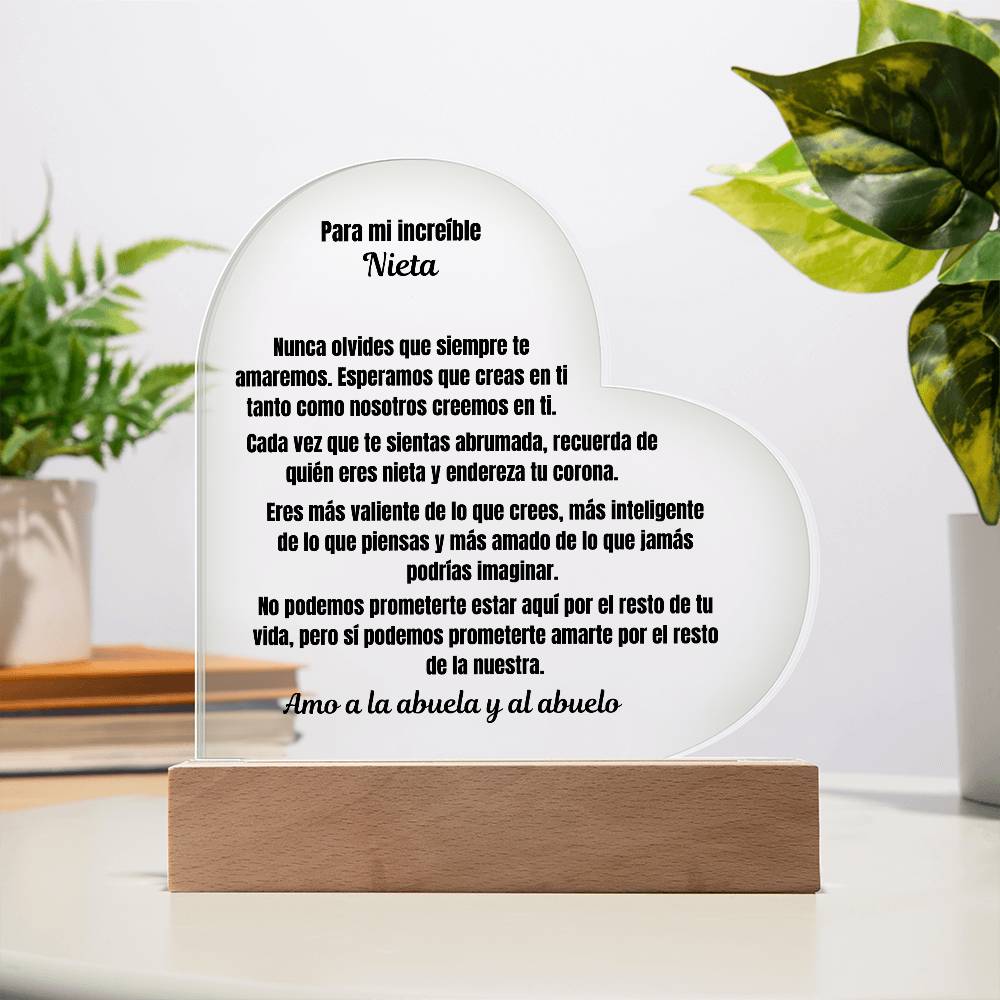 To My Amazing Granddaughter Acrylic Heart Plaque Spanish