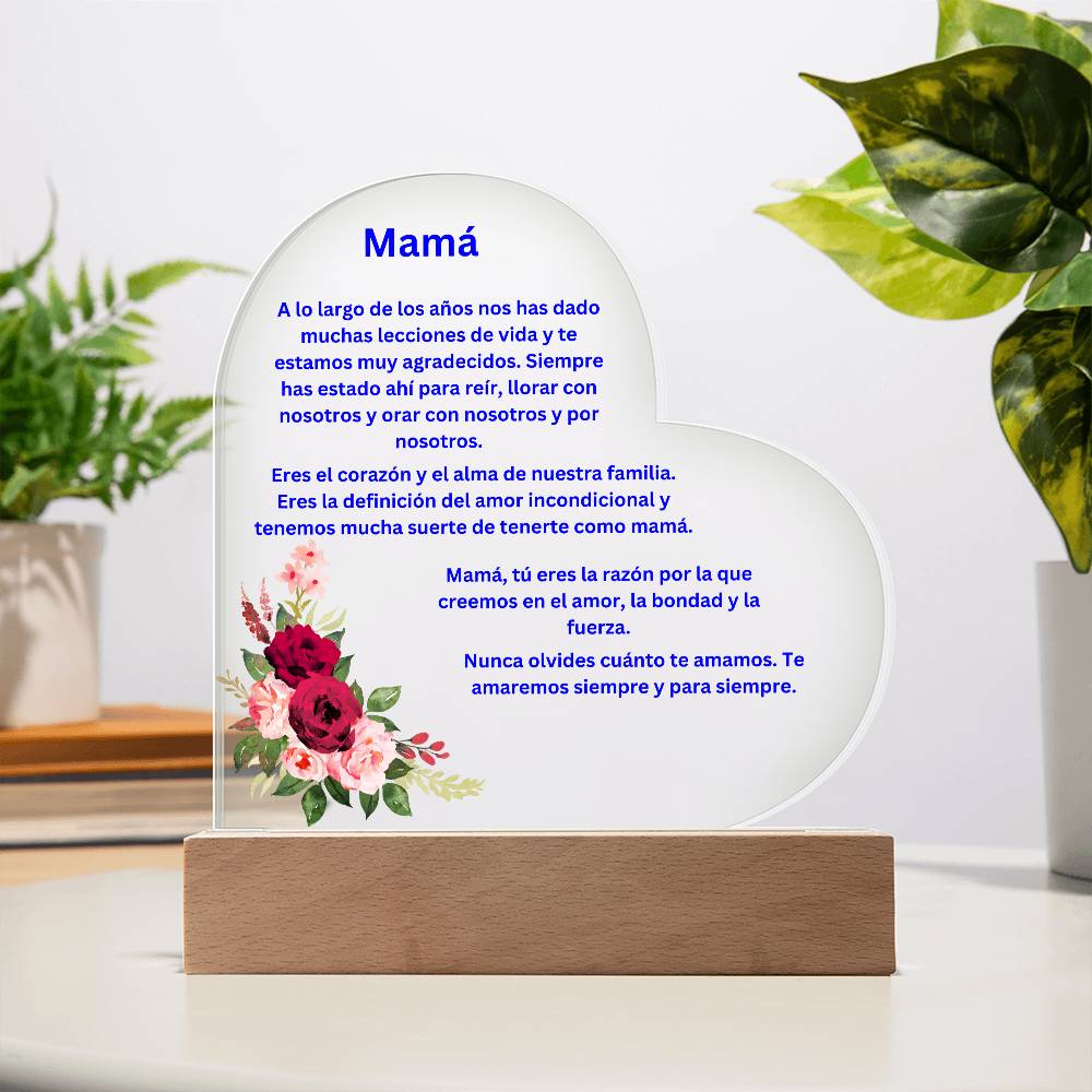Mom Acrylic Heart Plaque with LED Light Spanish