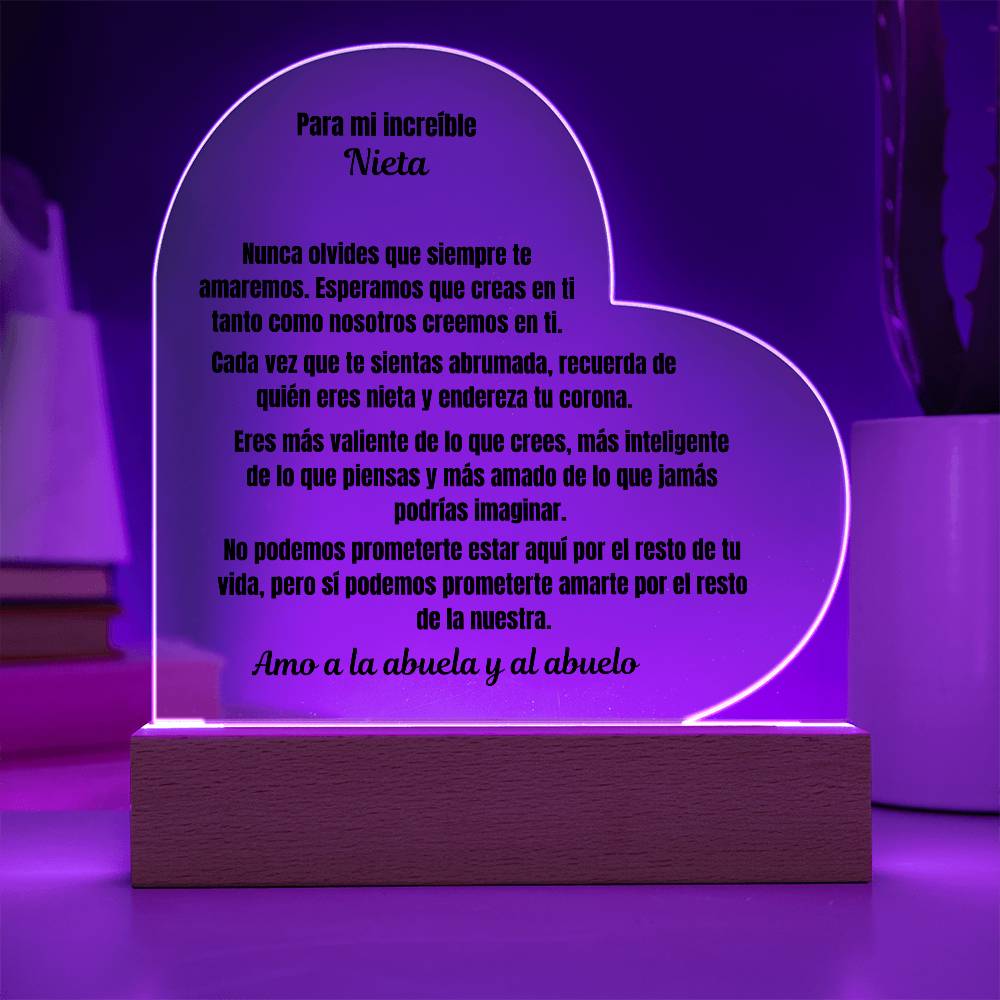 To My Amazing Granddaughter Acrylic Heart Plaque Spanish