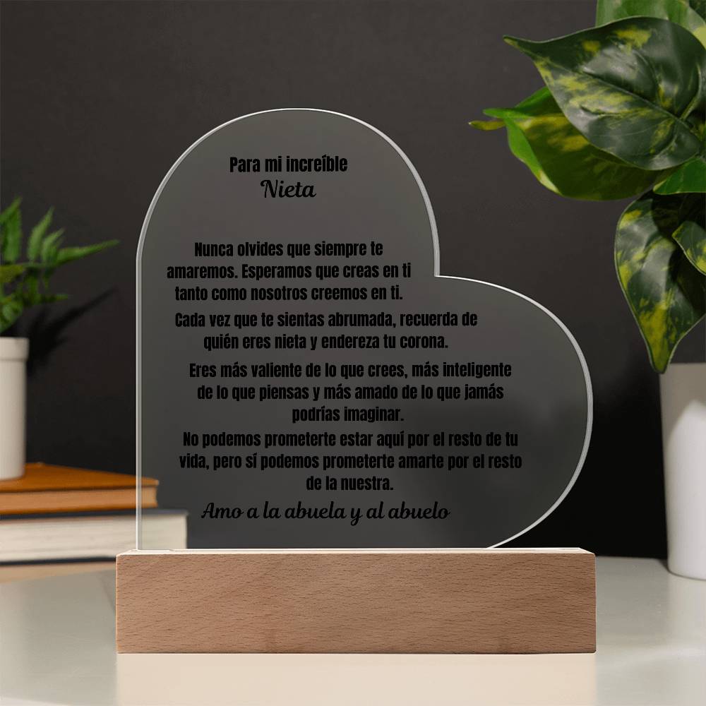 To My Amazing Granddaughter Acrylic Heart Plaque Spanish