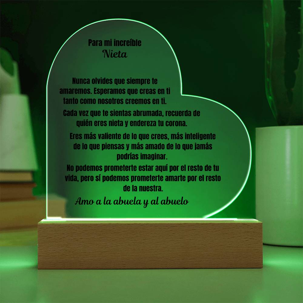 To My Amazing Granddaughter Acrylic Heart Plaque Spanish