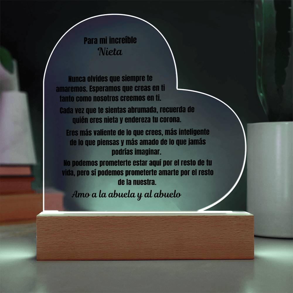 To My Amazing Granddaughter Acrylic Heart Plaque Spanish