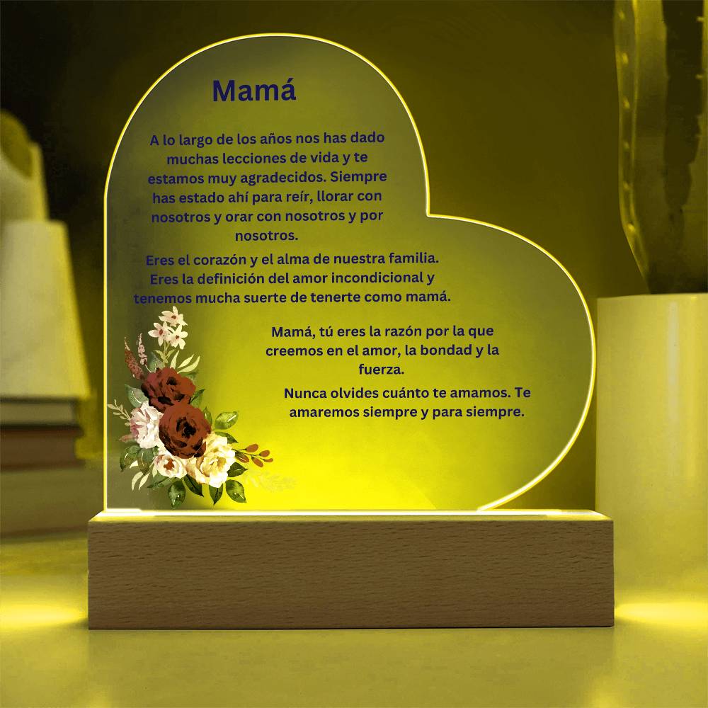 Mom Acrylic Heart Plaque with LED Light Spanish