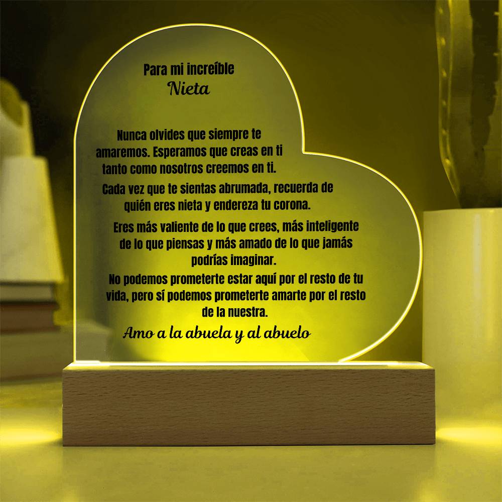 To My Amazing Granddaughter Acrylic Heart Plaque Spanish