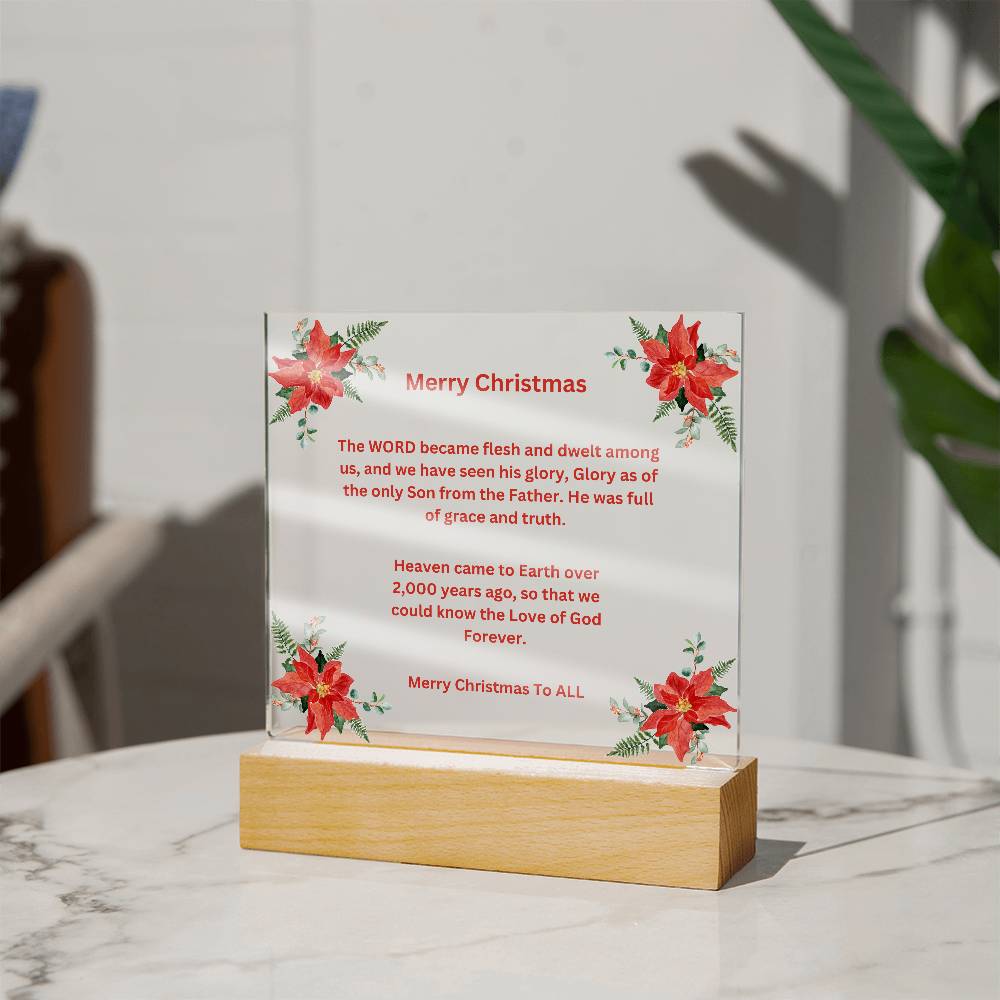 Merry Christmas Acrylic Square Plaque With Poinsettias