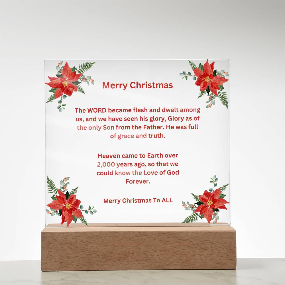 Merry Christmas Acrylic Square Plaque With Poinsettias