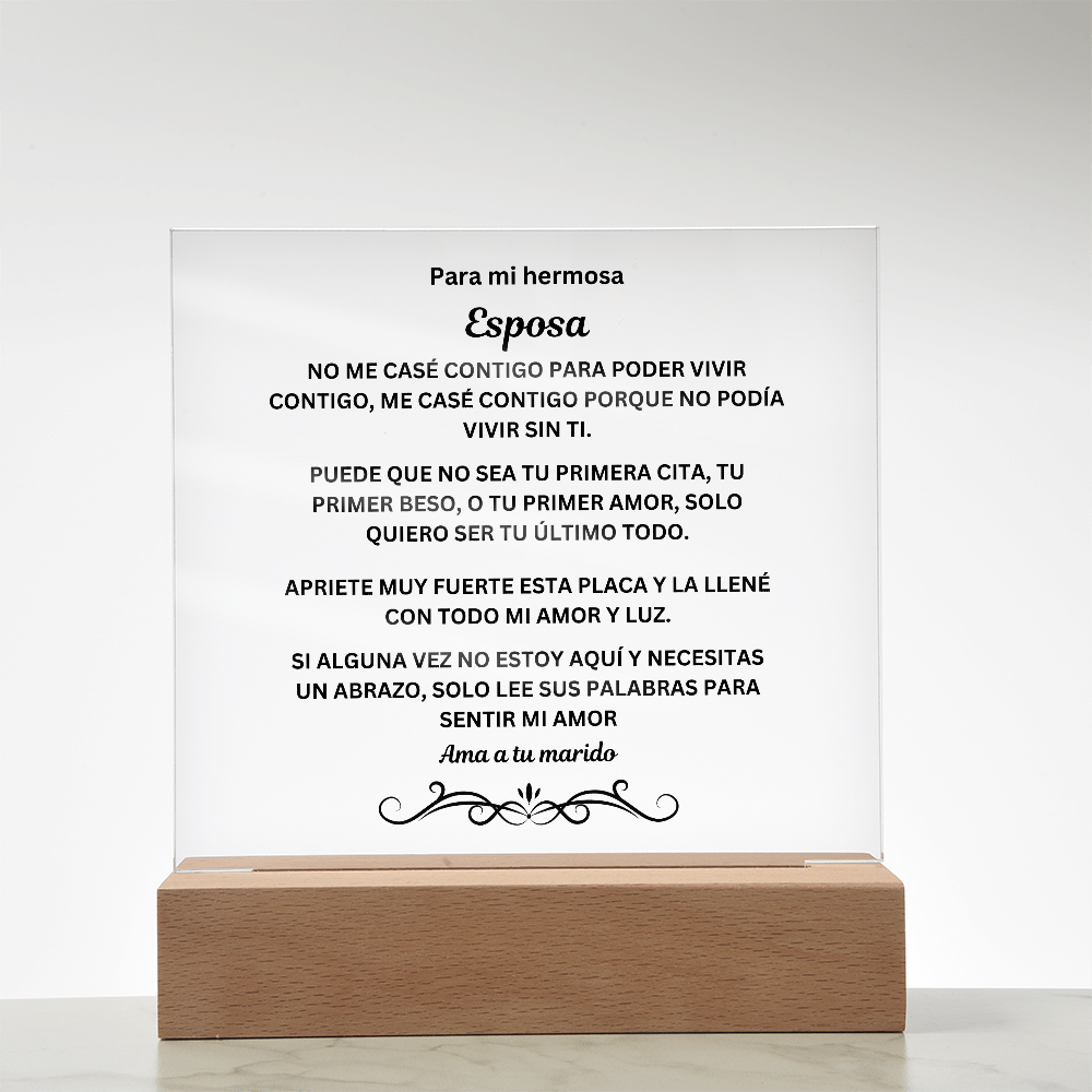 To My Beautiful Wife Printed Acrylic Square Plaque Spanish