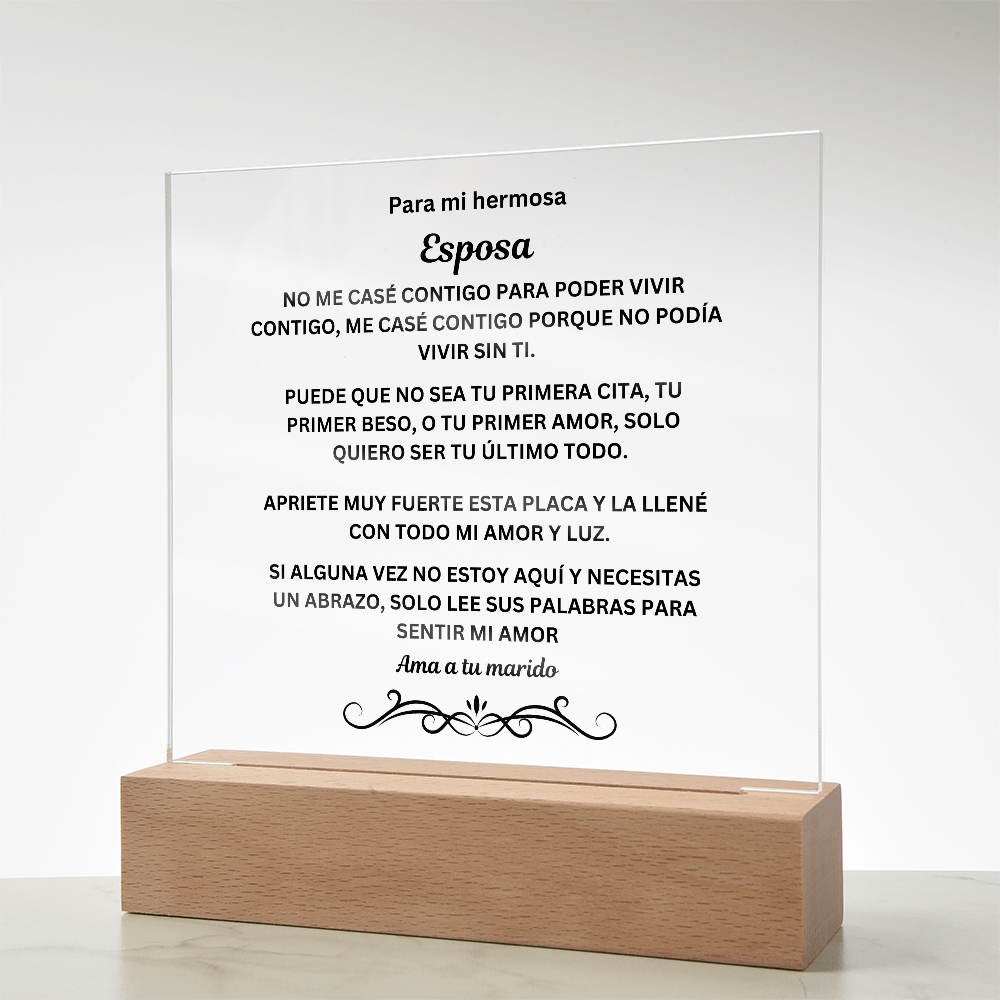 To My Beautiful Wife Printed Acrylic Square Plaque Spanish