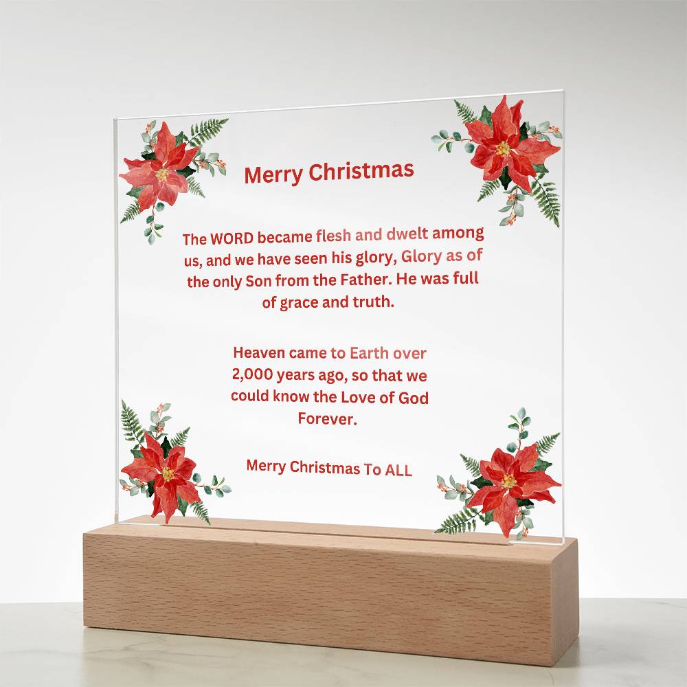 Merry Christmas Acrylic Square Plaque With Poinsettias
