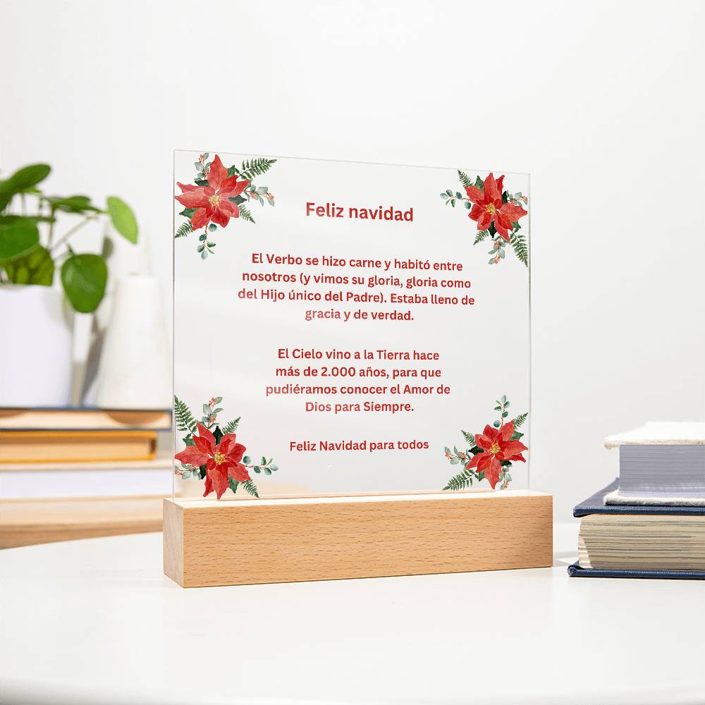 Spanish Merry Christmas Acrylic Plaque Wirth Poinsettias