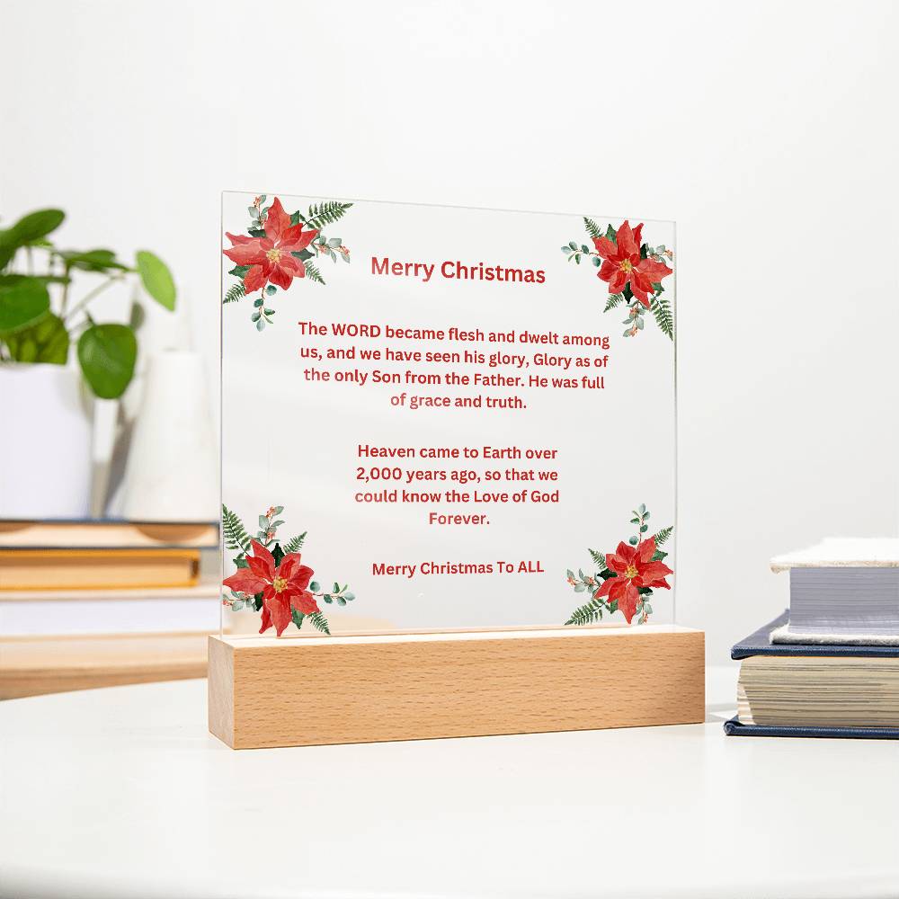 Merry Christmas Acrylic Square Plaque With Poinsettias