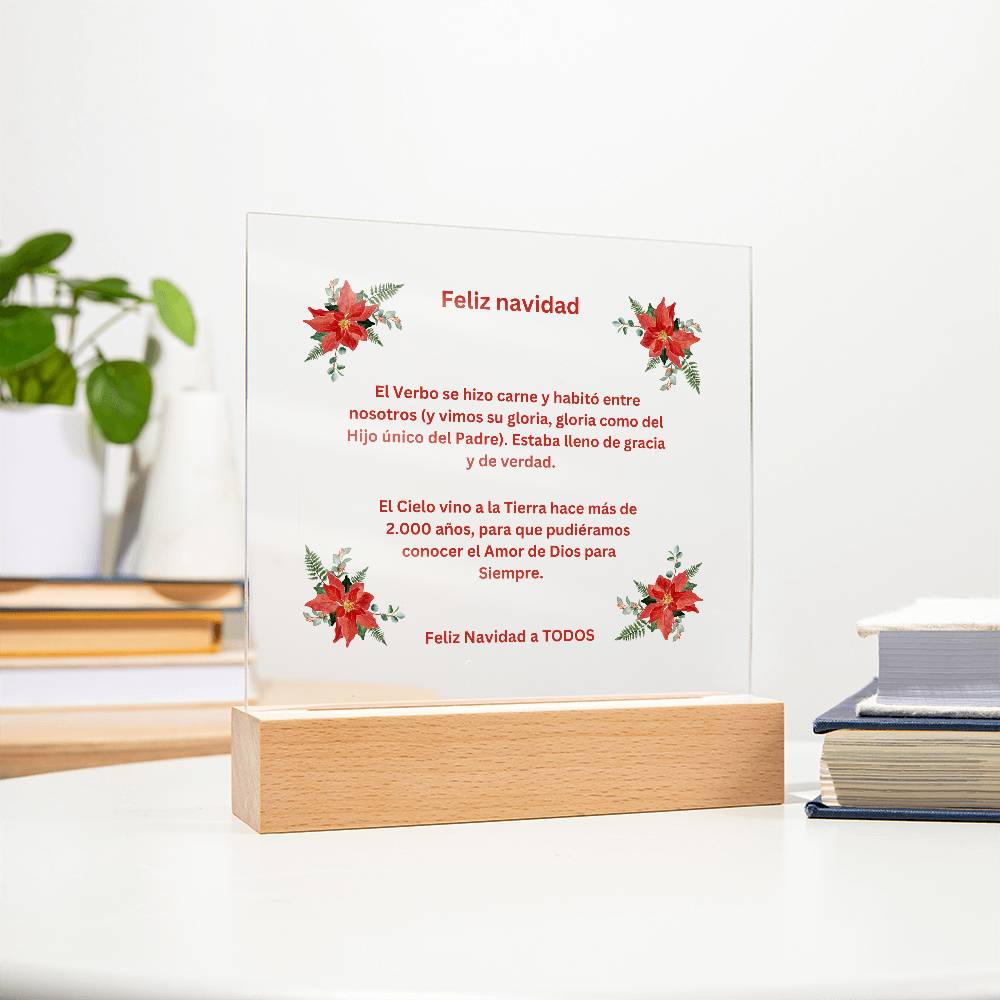 Merry Christmas Spanish Square Acrylic Plaque with Poinsettias