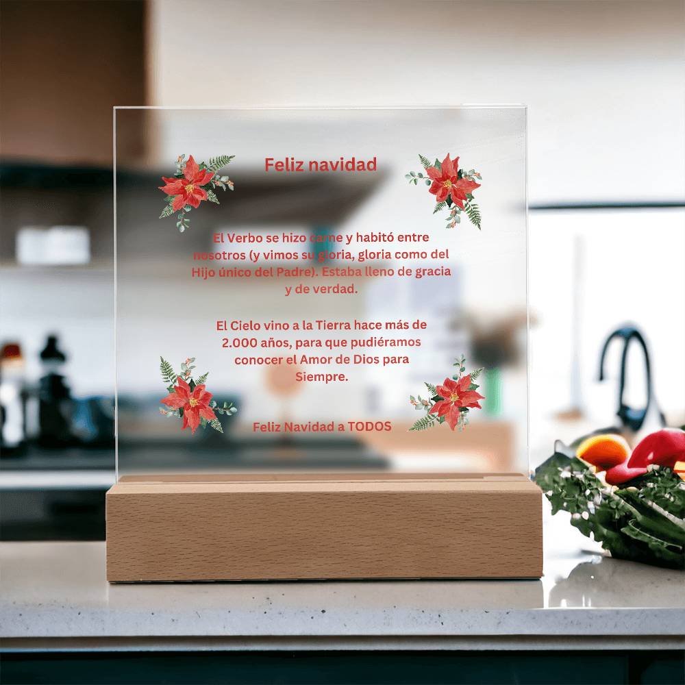 Merry Christmas Spanish Square Acrylic Plaque with Poinsettias