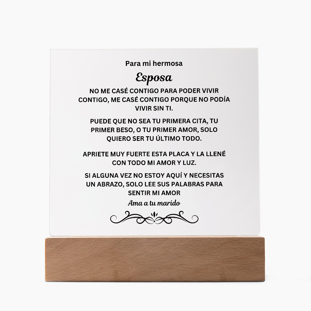 To My Beautiful Wife Printed Acrylic Square Plaque Spanish