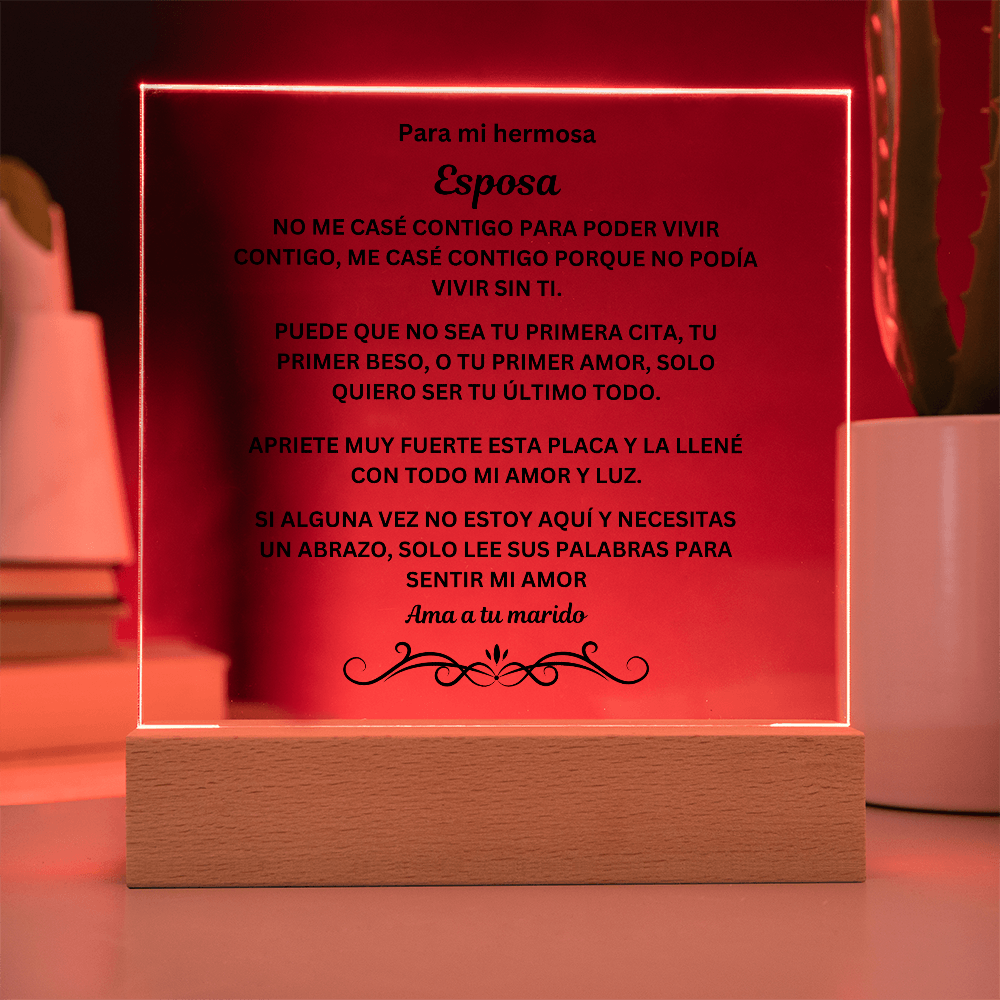 To My Beautiful Wife Printed Acrylic Square Plaque Spanish