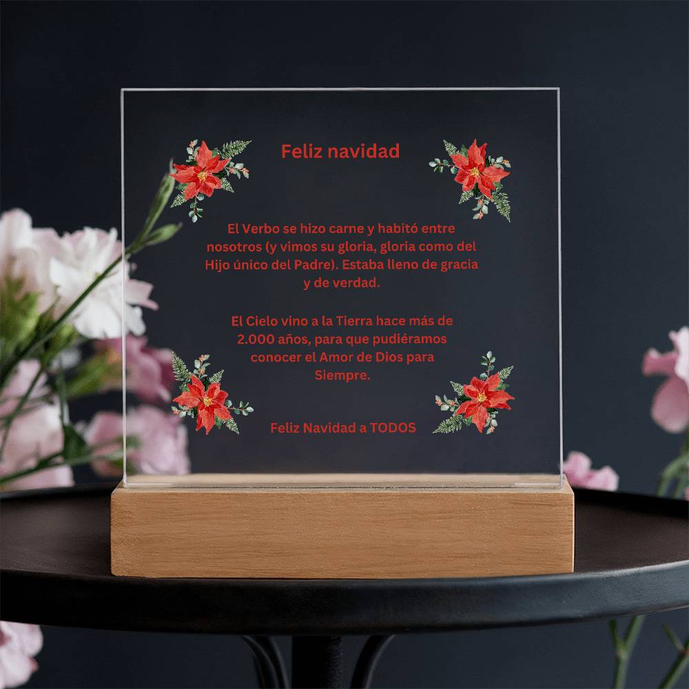 Merry Christmas Spanish Square Acrylic Plaque with Poinsettias