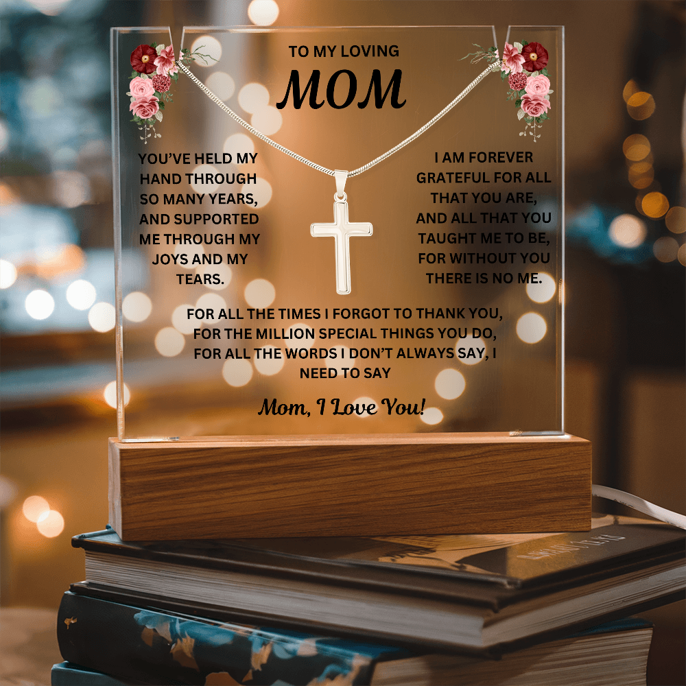 To My Loving Mom Keepsake Acrylic and Stainless Steel Cross Necklace