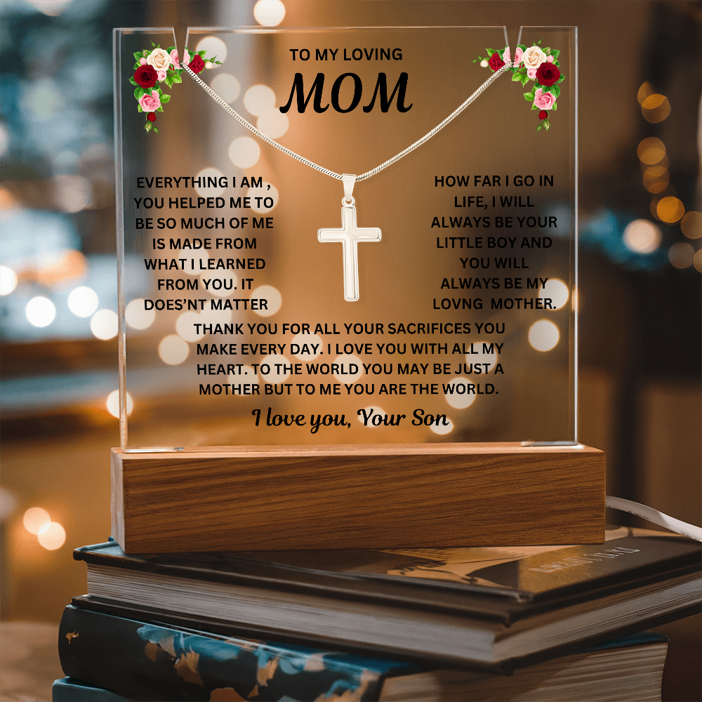 To My Loving Mom Keepsake Acrylic & Stainless Steel Cross Necklace From Son