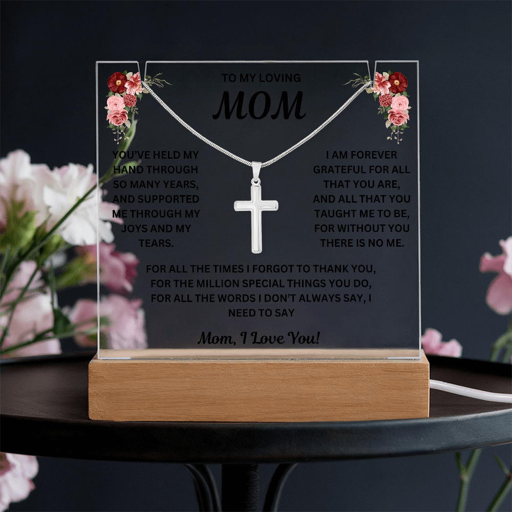 To My Loving Mom Keepsake Acrylic and Stainless Steel Cross Necklace