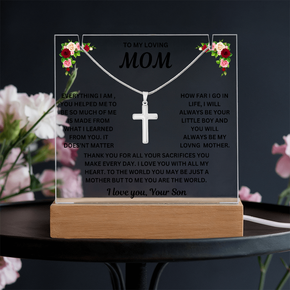 To My Loving Mom Keepsake Acrylic & Stainless Steel Cross Necklace From Son