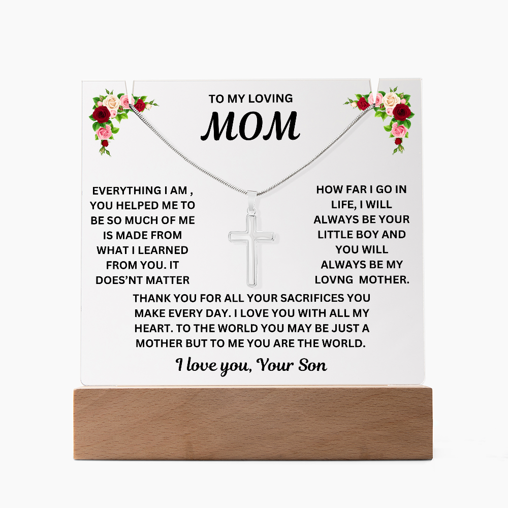 To My Loving Mom Keepsake Acrylic & Stainless Steel Cross Necklace From Son