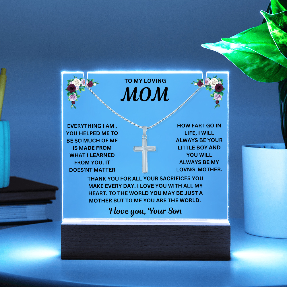 To My Loving Mom Keepsake Acrylic & Stainless Steel Cross Necklace From Son