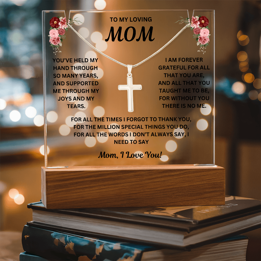 To My Loving Mom Keepsake Acrylic and Stainless Steel Cross Necklace
